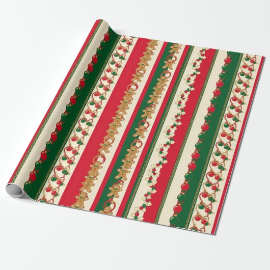 Christmas Stripes Gingerbread & Ornaments Pattern Geschenkpapier (Ungerollt)