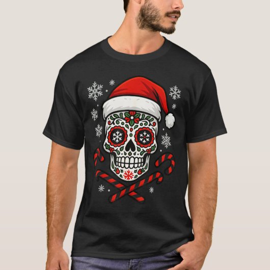 Christmas Sugar Calavera Skull Santa Hat Candy Can T-Shirt (Vorderseite)