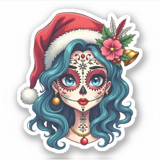 Christmas Sugar Skull Art Woman Santa Hat Festive Aufkleber (Vorderseite)