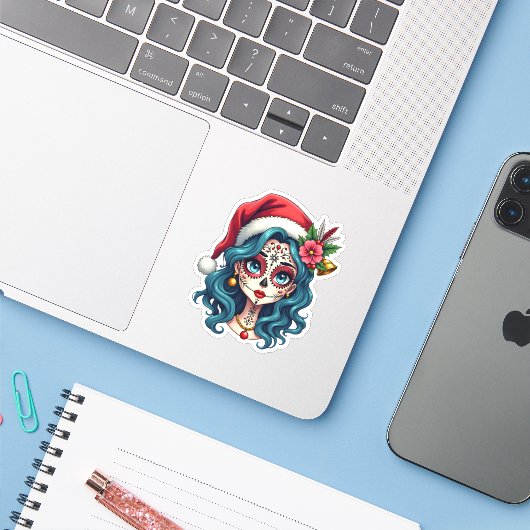 Christmas Sugar Skull Art Woman Santa Hat Festive Aufkleber (Laptop mit iPhone)