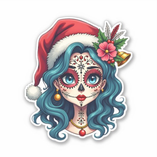 Christmas Sugar Skull Art Woman Santa Hat Festive Aufkleber (Vorderseite)