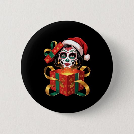 Christmas Sugar Skull Art Woman Santa Hat Festive  Button (Vorderseite)