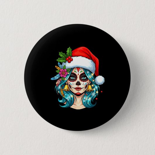 Christmas Sugar Skull Art Woman Santa Hat Festive  Button (Vorderseite)