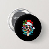 Christmas Sugar Skull Art Woman Santa Hat Festive  Button (Vorne & Hinten)
