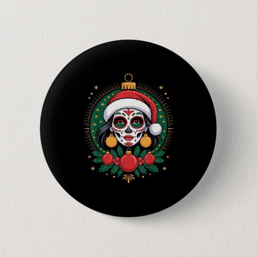 Christmas Sugar Skull Art Woman Santa Hat Festive Button (Vorderseite)