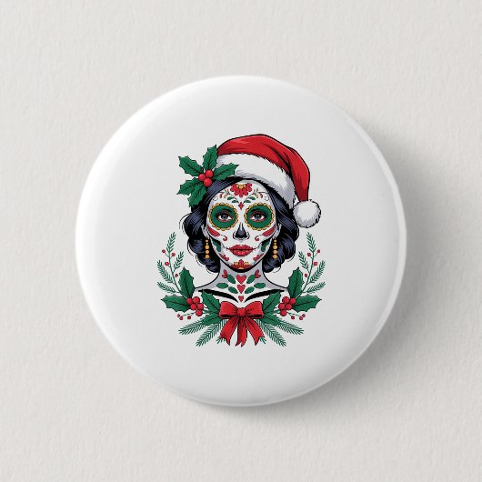 Christmas Sugar Skull Art Woman Santa Hat Festive Button (Vorderseite)