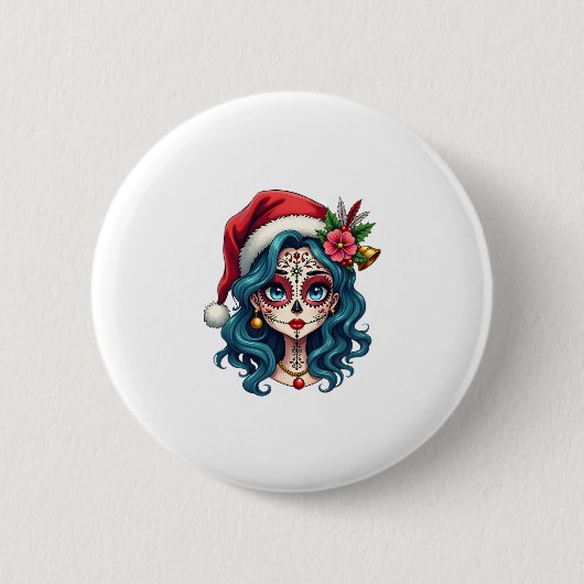 Christmas Sugar Skull Art Woman Santa Hat Festive Button (Vorderseite)