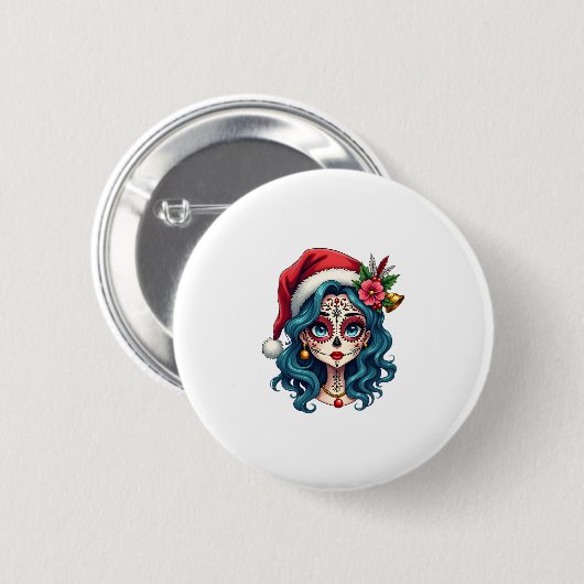 Christmas Sugar Skull Art Woman Santa Hat Festive Button (Vorne & Hinten)