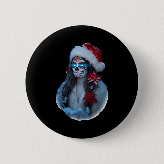 Christmas Sugar Skull Art Woman Santa Hat Festive Button (Vorderseite)