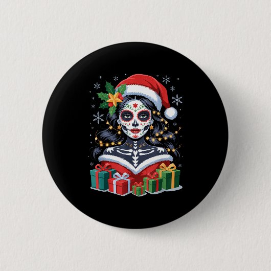 Christmas Sugar Skull Art Woman Santa Hat Festive  Button (Vorderseite)
