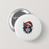 Christmas Sugar Skull Art Woman Santa Hat Festive Button (Vorne & Hinten)