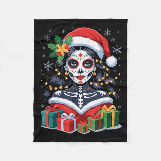Christmas Sugar Skull Art Woman Santa Hat Festive Fleecedecke (Vorderseite)