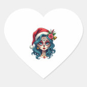 Christmas Sugar Skull Art Woman Santa Hat Festive Herz-Aufkleber (Vorderseite)
