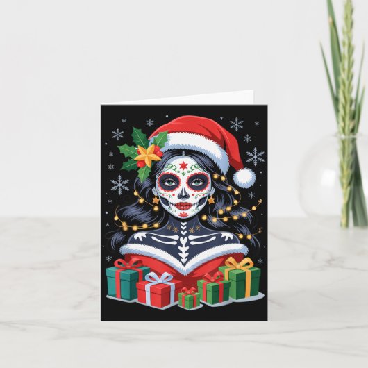 Christmas Sugar Skull Art Woman Santa Hat Festive Karte (Vorderseite)