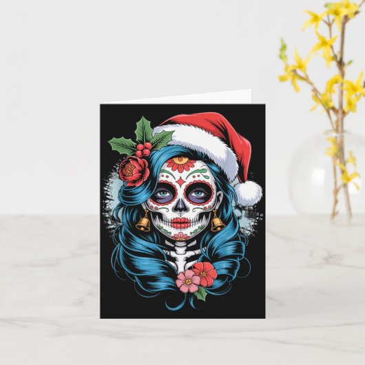 Christmas Sugar Skull Art Woman Santa Hat Festive Karte (Gelbe Blume)