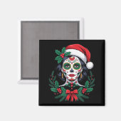 Christmas Sugar Skull Art Woman Santa Hat Festive Magnet (Vorderseite/Rückseite)