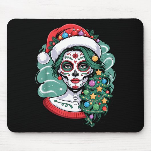Christmas Sugar Skull Art Woman Santa Hat Festive  Mousepad (Vorne)