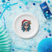 Christmas Sugar Skull Art Woman Santa Hat Festive Pappteller (Party)