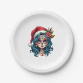 Christmas Sugar Skull Art Woman Santa Hat Festive Pappteller (Vorderseite)