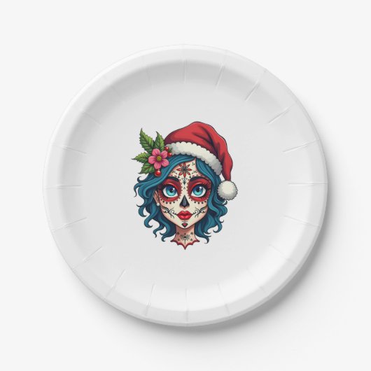 Christmas Sugar Skull Art Woman Santa Hat Festive Pappteller (Vorderseite)