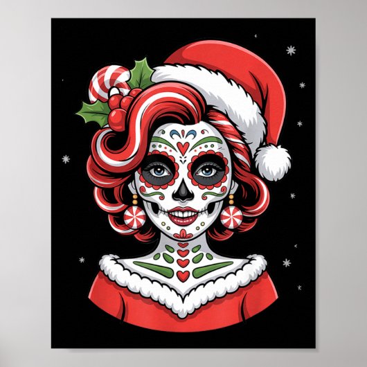 Christmas Sugar Skull Art Woman Santa Hat Festive  Poster (Vorne)