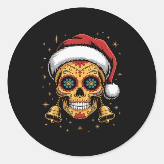 Christmas Sugar Skull Art Woman Santa Hat Festive Runder Aufkleber (Vorderseite)