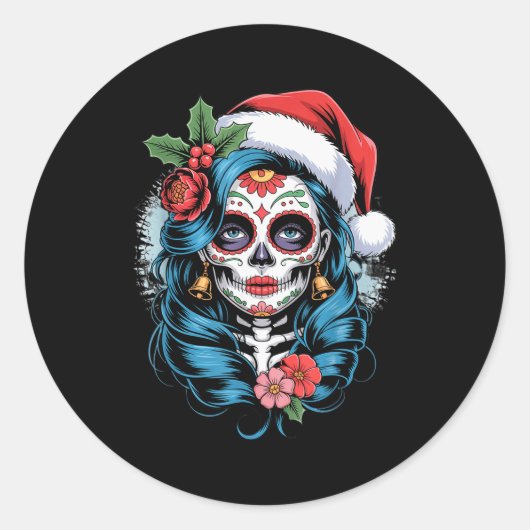 Christmas Sugar Skull Art Woman Santa Hat Festive Runder Aufkleber (Vorderseite)