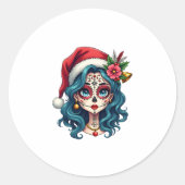 Christmas Sugar Skull Art Woman Santa Hat Festive Runder Aufkleber (Vorderseite)
