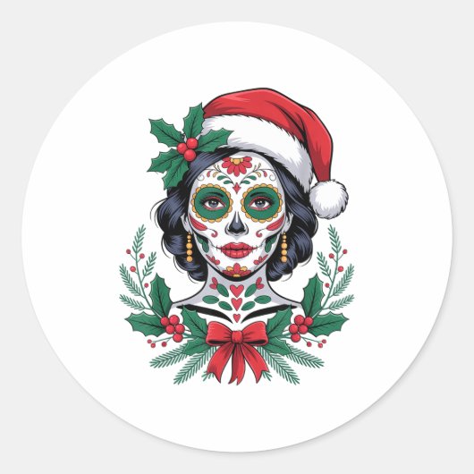 Christmas Sugar Skull Art Woman Santa Hat Festive  Runder Aufkleber (Vorderseite)