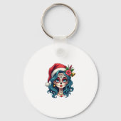 Christmas Sugar Skull Art Woman Santa Hat Festive Schlüsselanhänger (Vorderseite)