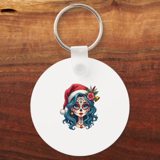 Christmas Sugar Skull Art Woman Santa Hat Festive Schlüsselanhänger (Vorderseite)