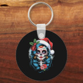 Christmas Sugar Skull Art Woman Santa Hat Festive Schlüsselanhänger (Vorderseite)