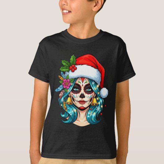 Christmas Sugar Skull Art Woman Santa Hat Festive T-Shirt (Vorderseite)