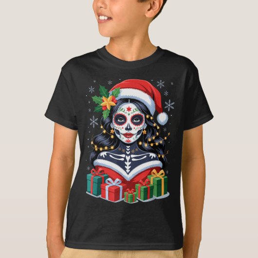 Christmas Sugar Skull Art Woman Santa Hat Festive T-Shirt (Vorderseite)