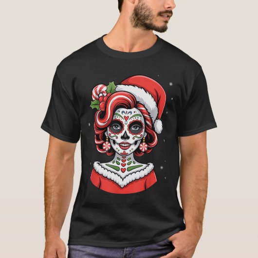 Christmas Sugar Skull Art Woman Santa Hat Festive T-Shirt (Vorderseite)
