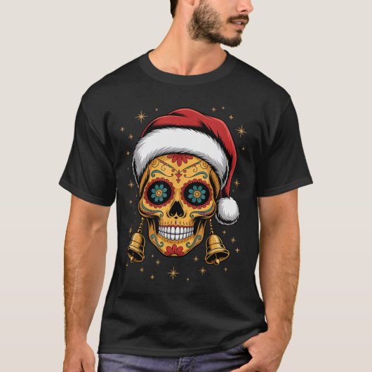 Christmas Sugar Skull Art Woman Santa Hat Festive T-Shirt (Vorderseite)
