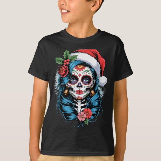 Christmas Sugar Skull Art Woman Santa Hat Festive T-Shirt (Vorderseite)