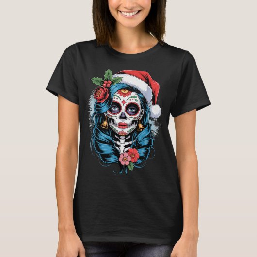 Christmas Sugar Skull Art Woman Santa Hat Festive T-Shirt (Vorderseite)