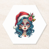 Christmas Sugar Skull Art Woman Santa Hat Festive Untersetzer (Vorderseite)