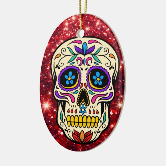 Christmas Sugar Skull Red Glitzer Keramik Ornament (Links)
