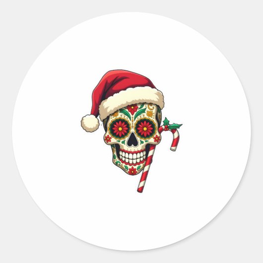 Christmas Sugar Skull Santa Hat Day Of The Dead Xm Runder Aufkleber (Vorderseite)
