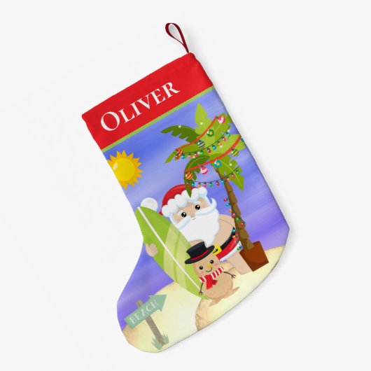 Christmas Summer Santa Beach Surfing Personalized Kleiner Weihnachtsstrumpf (Rückseite (Hängend))