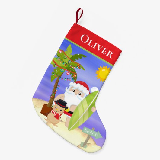 Christmas Summer Santa Beach Surfing Personalized Kleiner Weihnachtsstrumpf (Vorderansicht (hängend))