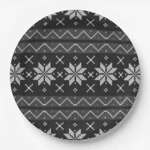 Christmas Sweater skandinavischer Strick Black Gra Pappteller
