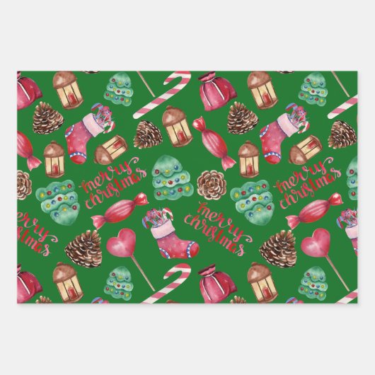 Christmas Sweets and Decorations Green Geschenkpapier Set (Vorderseite 2)