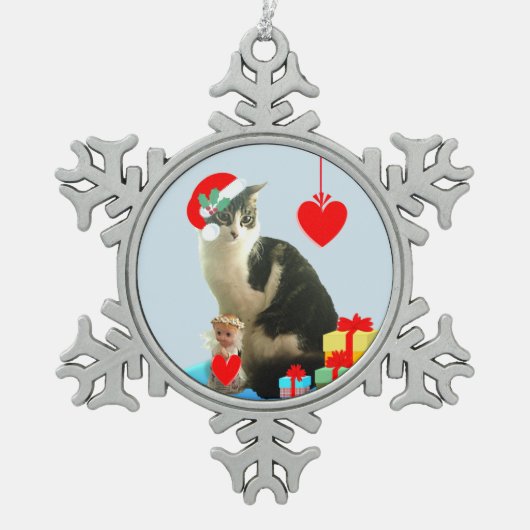 Christmas Tabby Cat Schneeflocken Zinn-Ornament (Vorderseite)