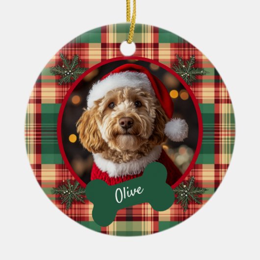 Christmas Tartan Custom Dog Foto Keramik Ornament (Vorne)