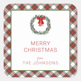 Christmas Tartan Kariert Wreath Bow Quadratischer Aufkleber