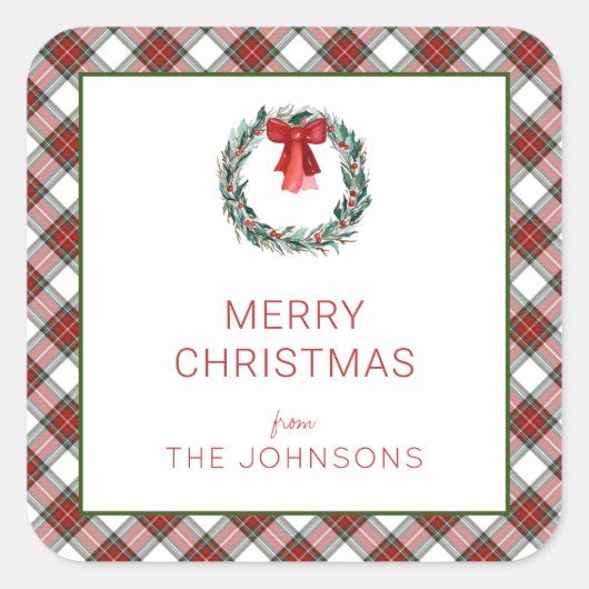 Christmas Tartan Kariert Wreath Bow Quadratischer Aufkleber (Vorderseite)