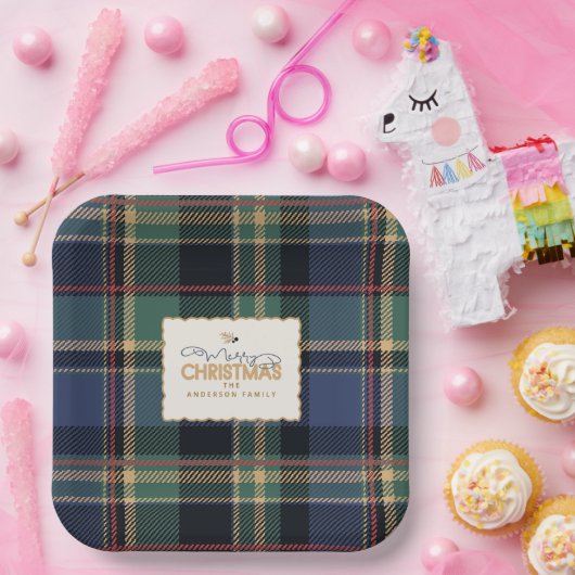Christmas Tartan Navy Blue Green ID1141B Pappteller (Party)